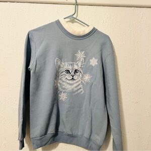 VTG 90s Sweatshirt Womens Blue Small Cat Kitten Snowflakes Sequins Cat Lady Crew